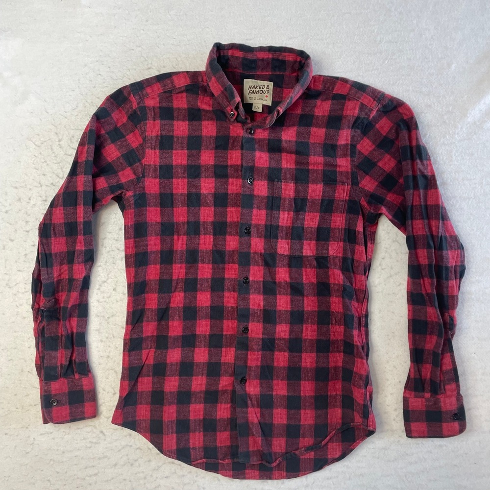 Naked & Famous Flannel Button Down Mens S Red Buffalo Check Plaid Brushed Cotton